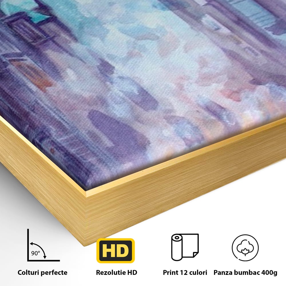 Detaliu al suprafetei: tablou canvas pictura urbana cu masina portocaliu, in rama de aluminiu auriu